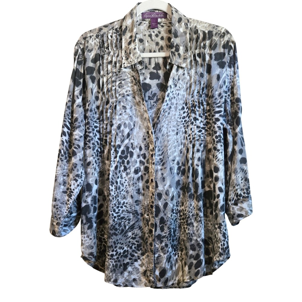 Gloria Vanderbilt‎ Chic Animal Print Pintuck Button Front Blouse Grey Black LG